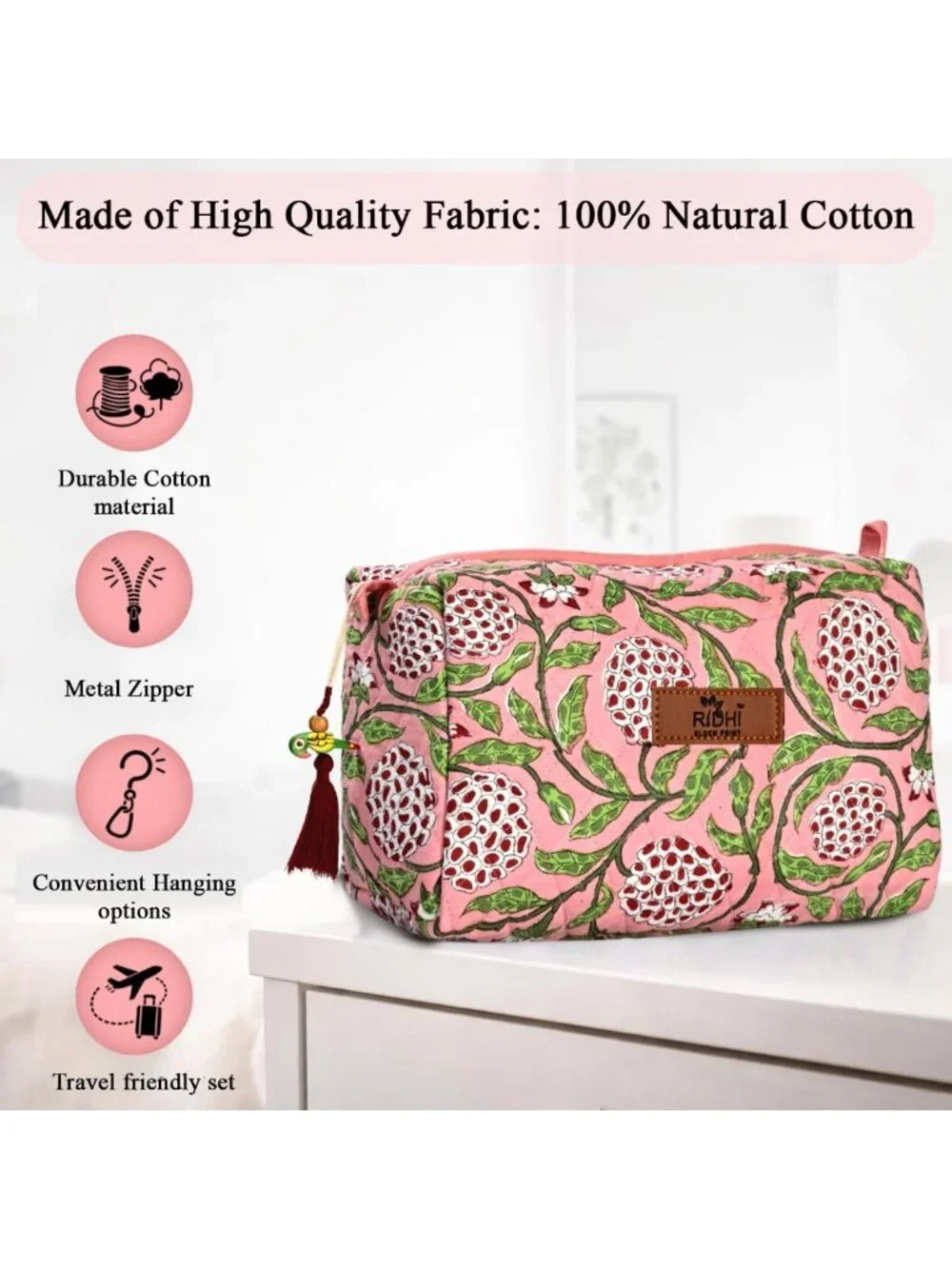 Strawberry Pink Floral Toiletry Bag Set of 3 - 100% Cotton, Waterproof Travel
